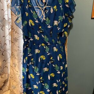 Old Navy Blue Yellow Floral Faux Wrap Chiffon Flutter Sleeve Dress Large